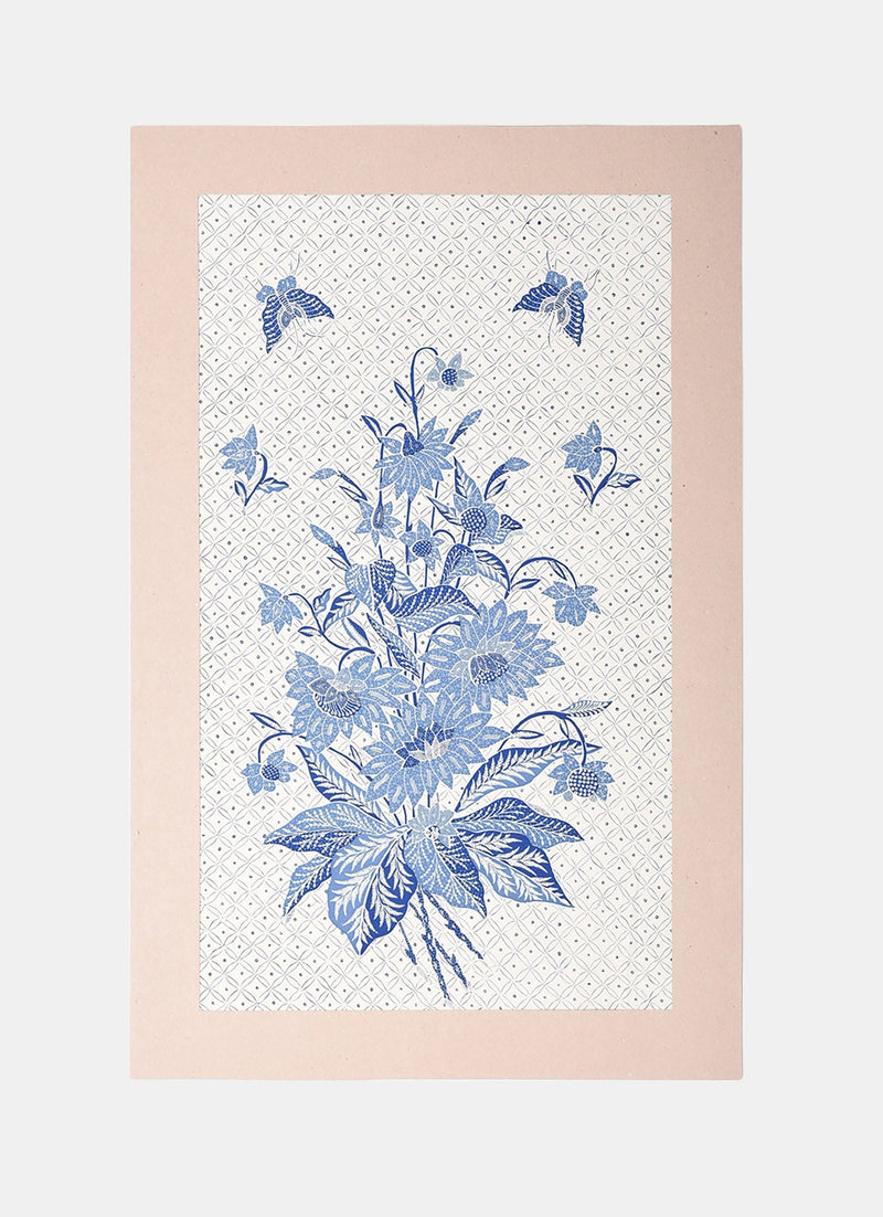 Batik Wall Decoration - Bunga Serangkai Latar Biru Putih 01
