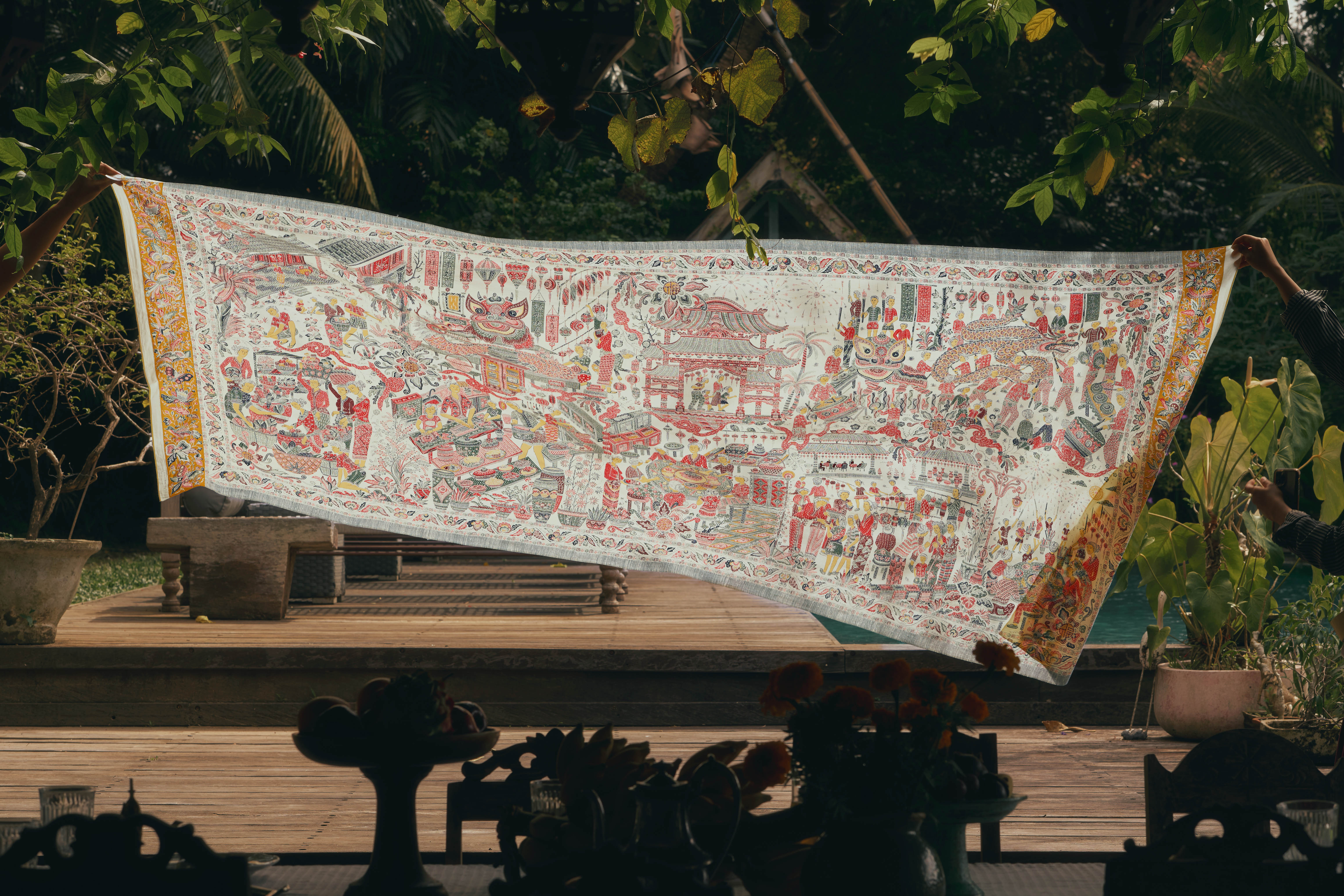 Long cloth with peranakan Chinese Indonesian story of Lunar New Year in Indonesia, long view