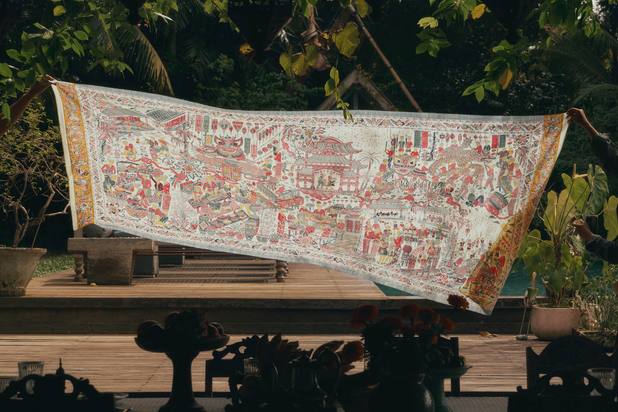 Long cloth with peranakan Chinese Indonesian story of Lunar New Year in Indonesia, long view
