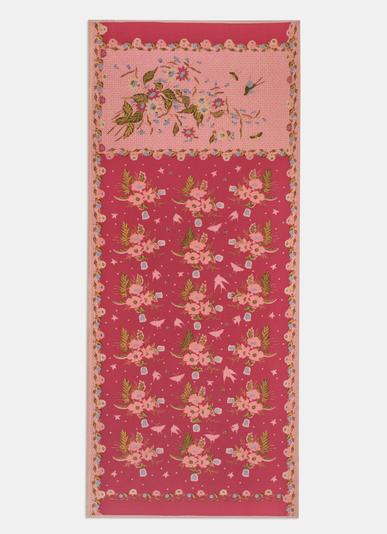 Old batik motif with pink flowers green leaves birds and butterfly on a red background, long view
