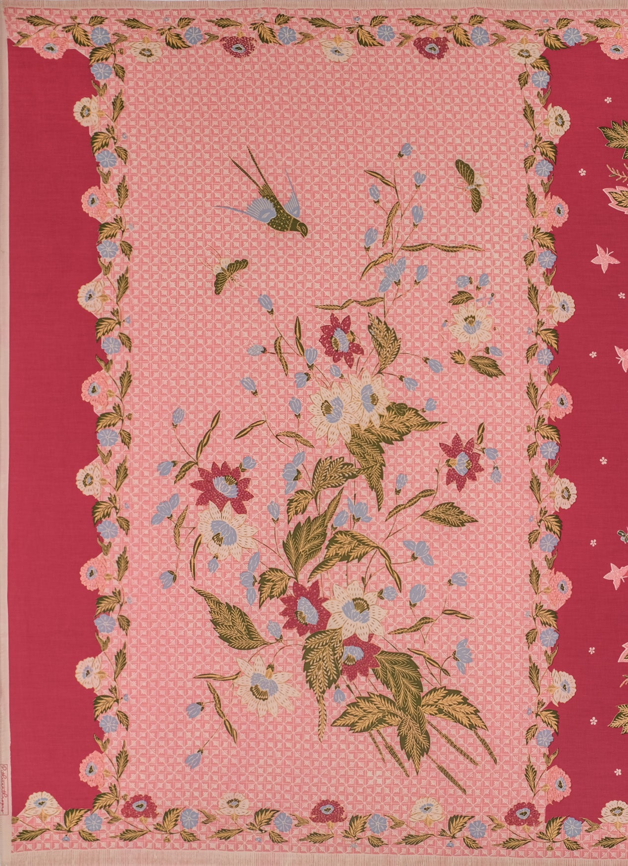 Old batik motif with pink flowers green leaves birds and butterfly on a red background, tumpal view