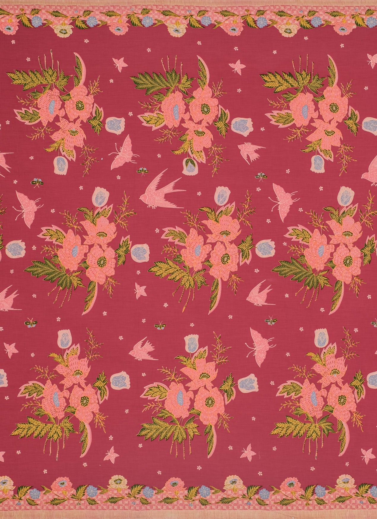 Old batik motif with pink flowers green leaves birds and butterfly on a red background