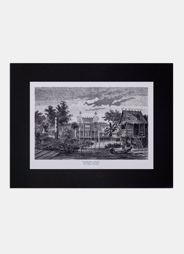 Repro Engraving -  Dorpsgezicht op Borneo