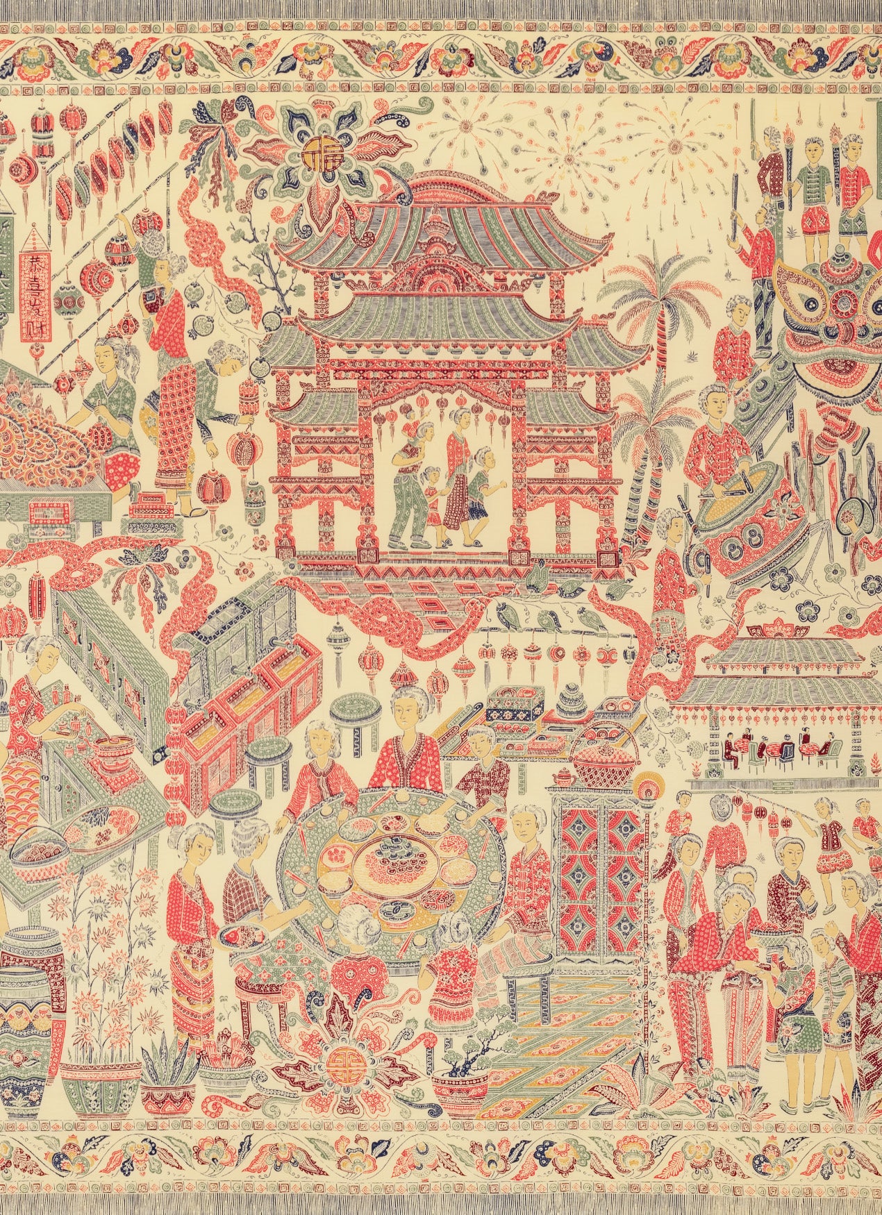 Long cloth with peranakan Chinese Indonesian story of Lunar New Year in Indonesia, detail view