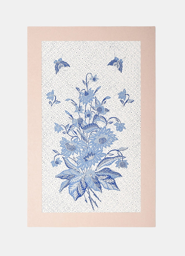 Batik Wall Decoration - Bunga Serangkai Latar Biru Putih 01